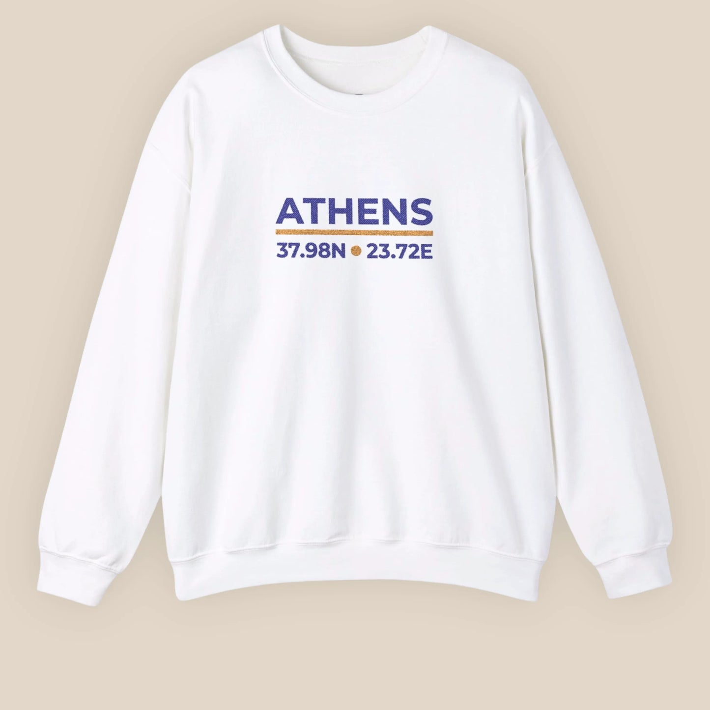 White Athens coordinates embroidered crewneck sweatshirt flat lay on neutral background