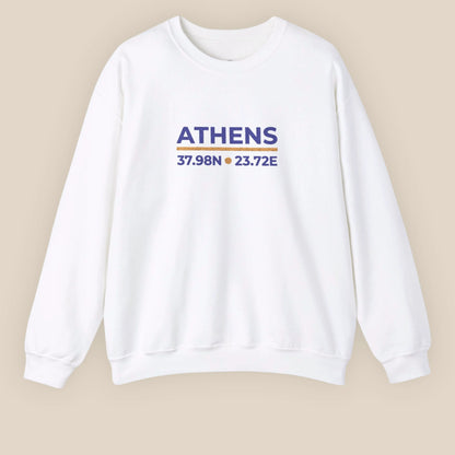 White Athens coordinates embroidered crewneck sweatshirt flat lay on neutral background