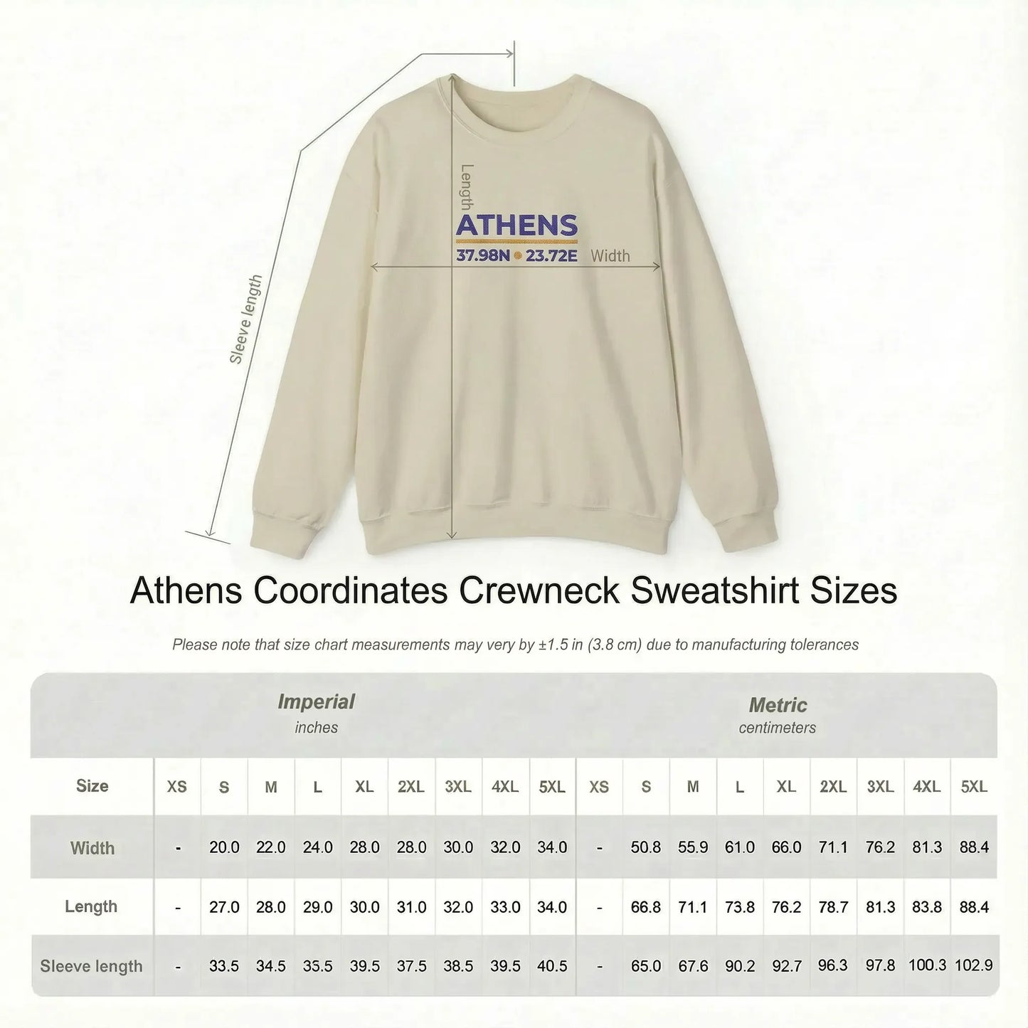 Unisex crewneck sweatshirt size guide for Athens coordinates embroidered sweatshirt