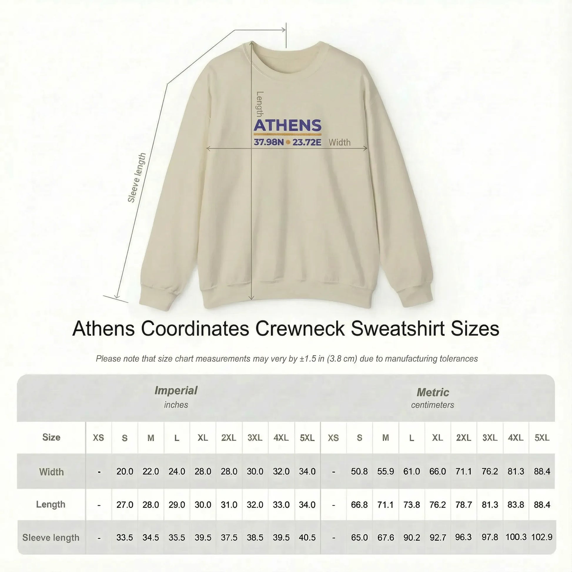Unisex crewneck sweatshirt size guide for Athens coordinates embroidered sweatshirt