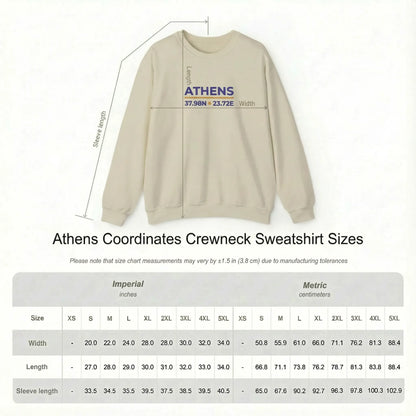 Unisex crewneck sweatshirt size guide for Athens coordinates embroidered sweatshirt