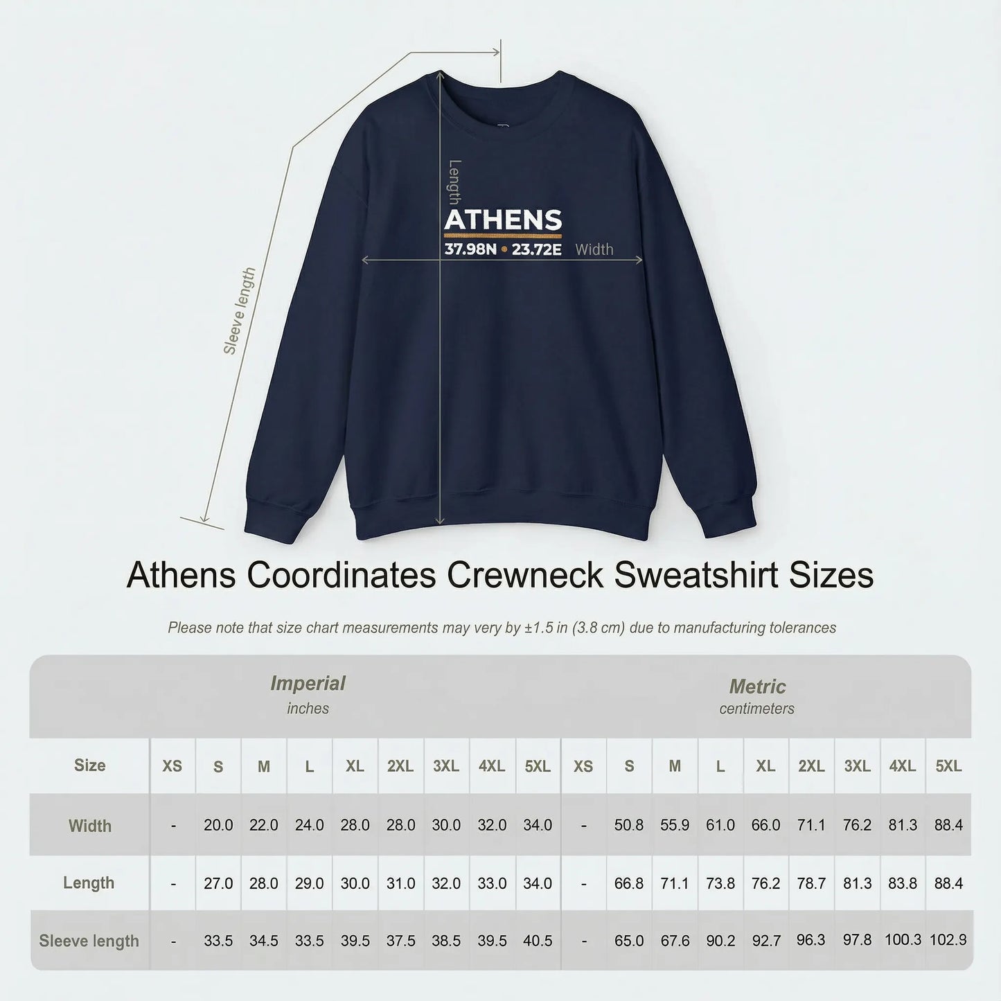 Unisex crewneck sweatshirt size chart showing garment measurements for Athens Coordinates embroidered sweatshirt
