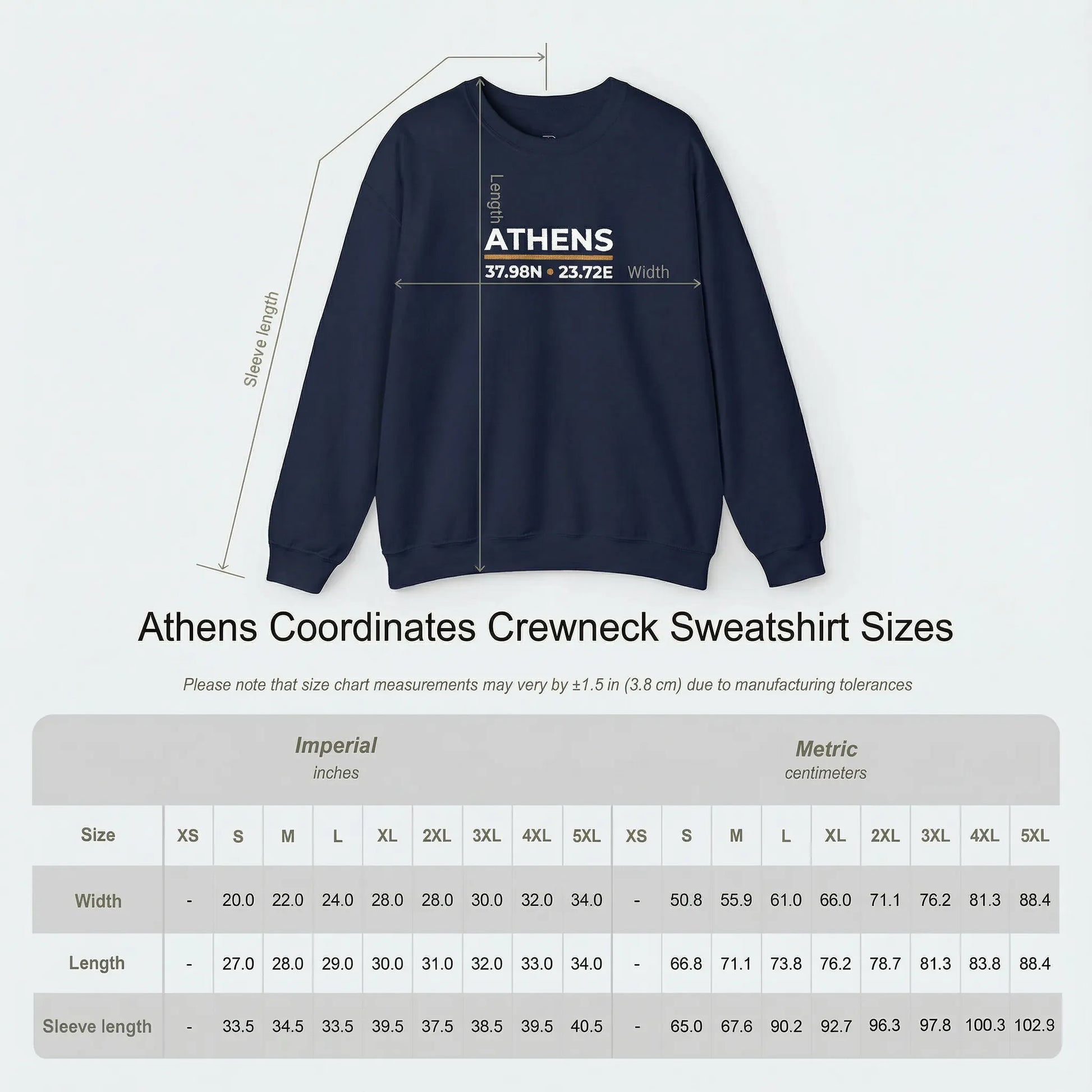 Unisex crewneck sweatshirt size chart showing garment measurements for Athens Coordinates embroidered sweatshirt
