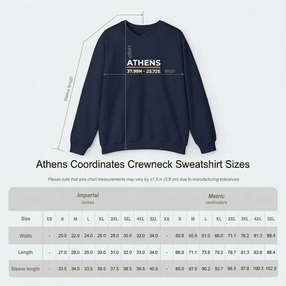 Unisex crewneck sweatshirt size chart showing garment measurements for Athens Coordinates embroidered sweatshirt