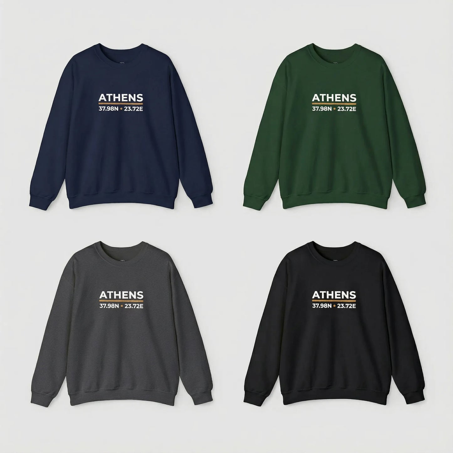 Athens coordinates embroidered crewneck sweatshirt color lineup showing navy, forest green, dark heather, and black options
