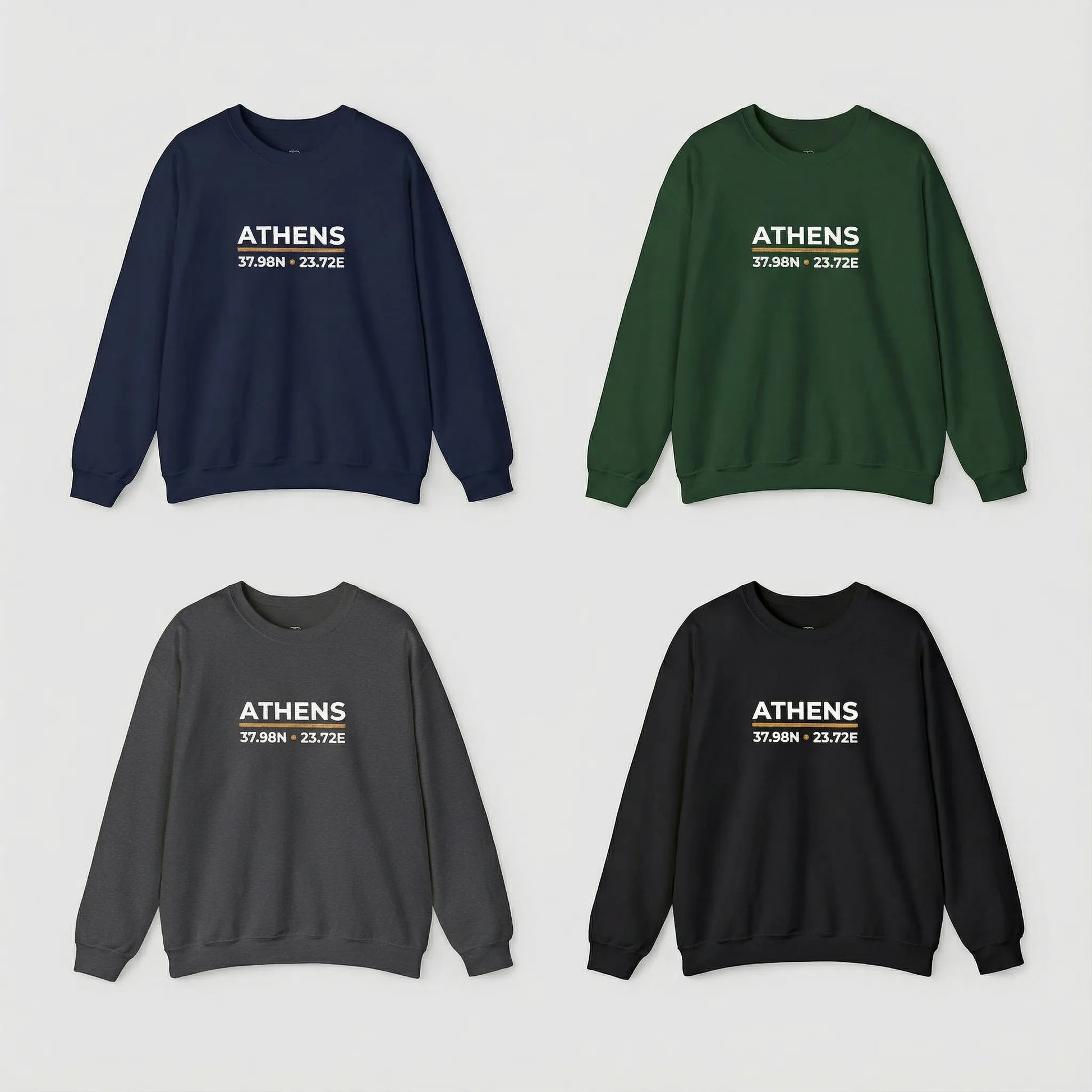 Athens coordinates embroidered crewneck sweatshirt color lineup showing navy, forest green, dark heather, and black options