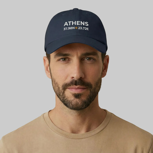 TP:HERO Model wearing Athens coordinates embroidered dad cap in studio.