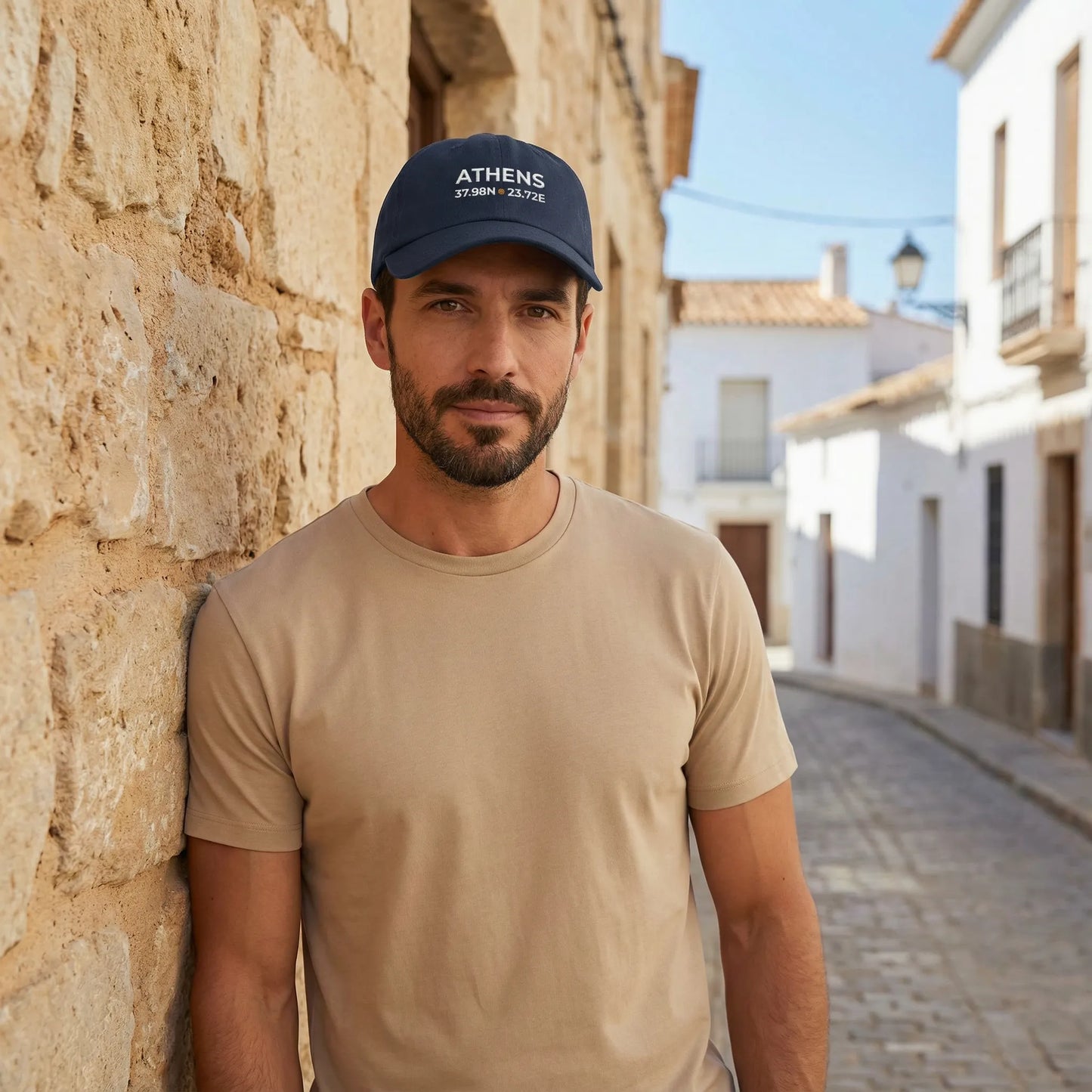 Model wearing Athens coordinates dad cap in Mediterranean outdoor setting.