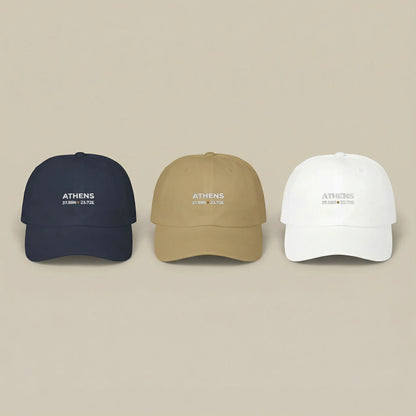 Athens coordinates dad cap available in navy, khaki, and white colors shown together.