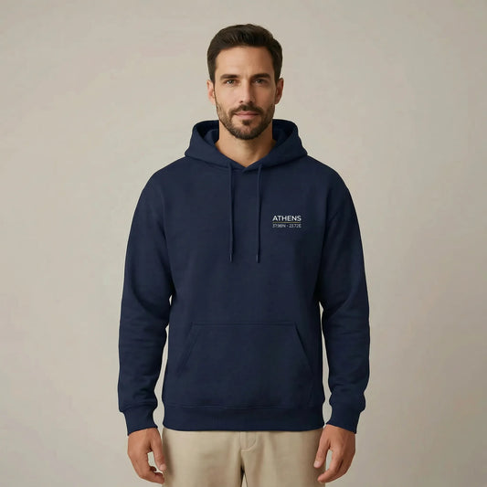 TP:HERO Athens coordinates embroidered hoodie in navy, worn by model in clean studio setting