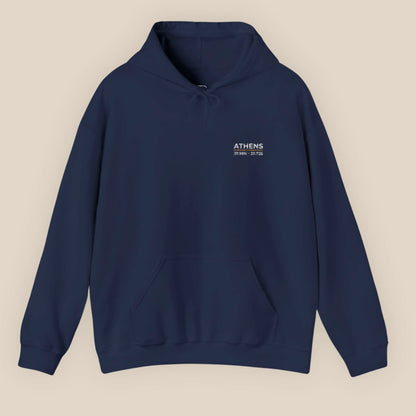Flat lay of navy Athens coordinates embroidered hoodie