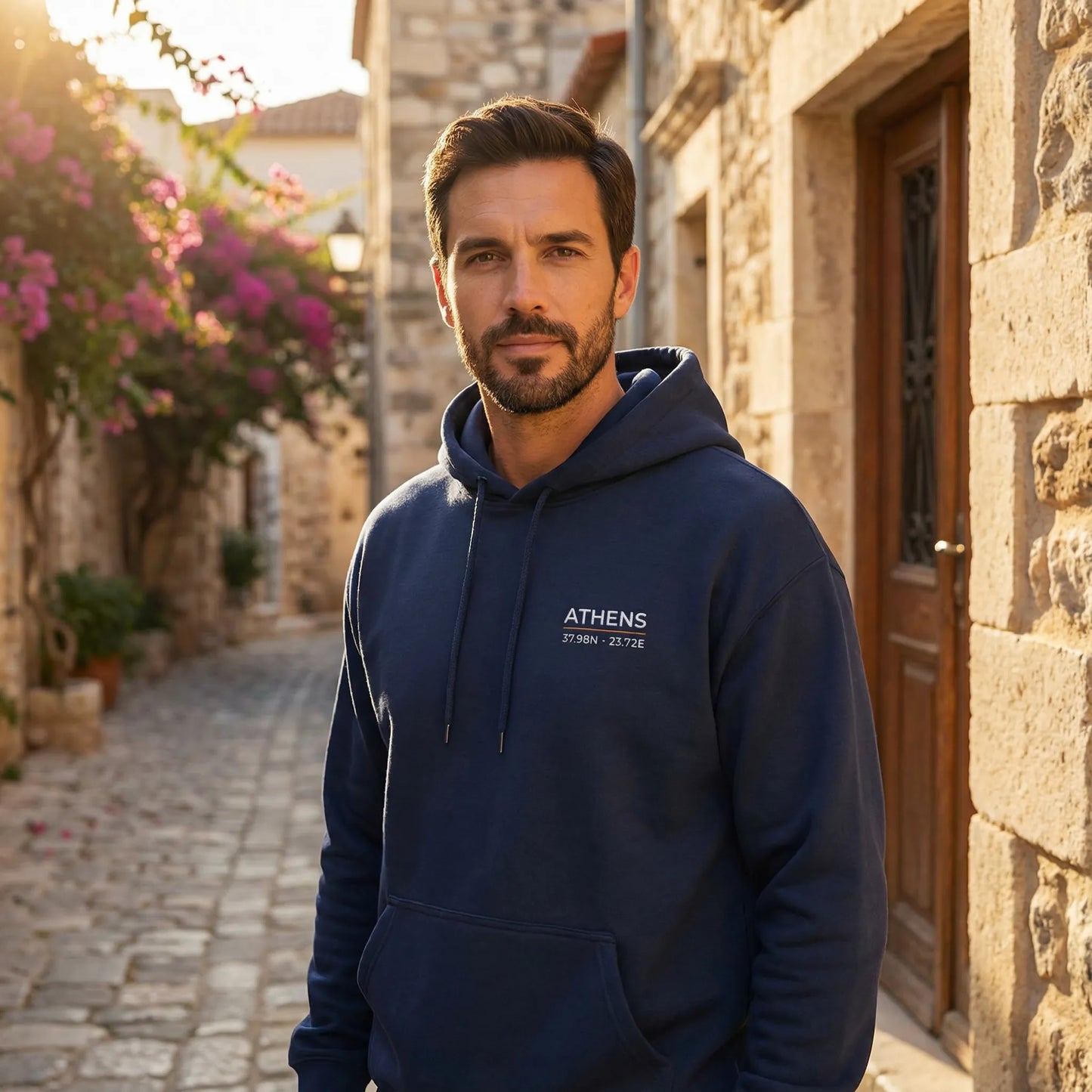 Athens coordinates hoodie worn outdoors in Mediterranean street setting