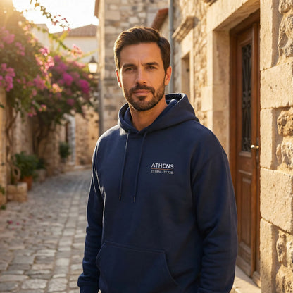 Athens coordinates hoodie worn outdoors in Mediterranean street setting