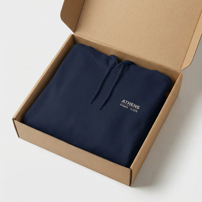Athens coordinates hoodie folded inside minimalist packaging box