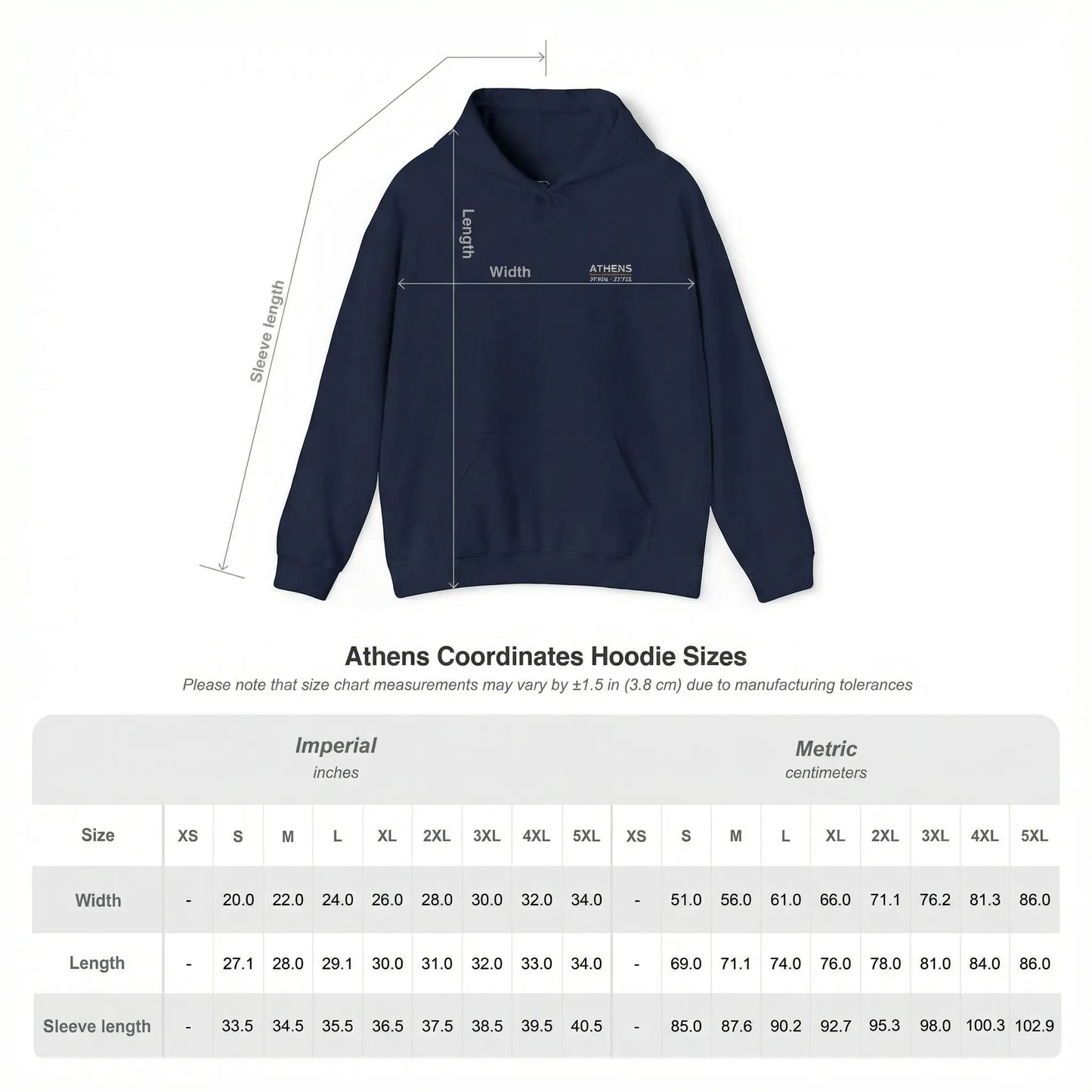 Size chart for unisex hoodie showing measurements for chest width and body length