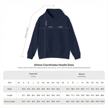 Size chart for unisex hoodie showing measurements for chest width and body length