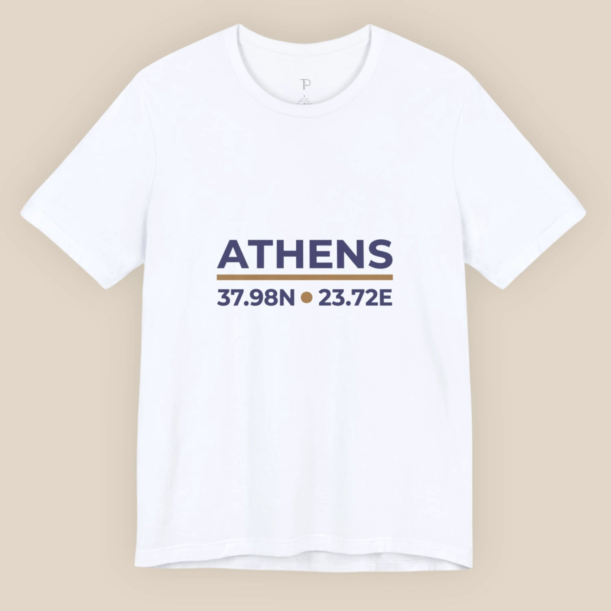White t-shirt with 'ATHENS' and coordinates printed on a beige background