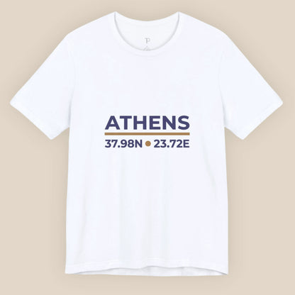 White t-shirt with 'ATHENS' and coordinates printed on a beige background