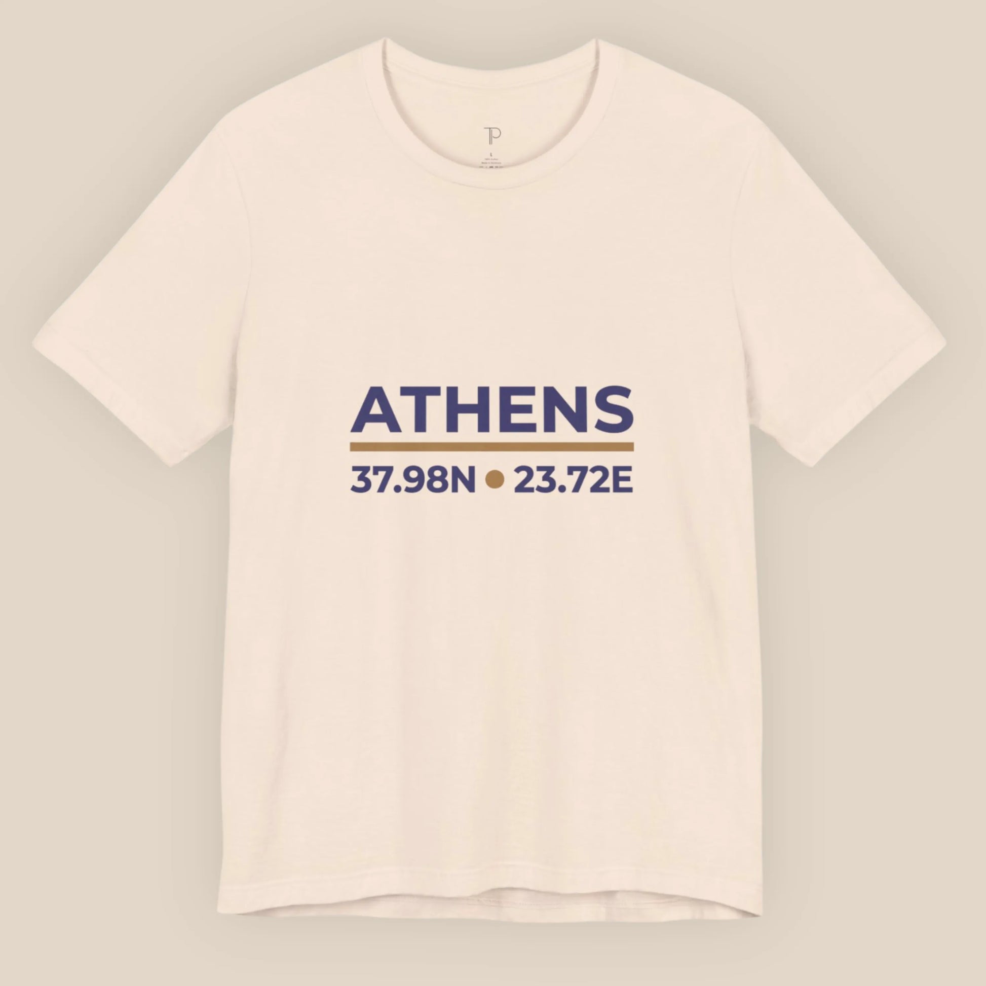 Soft cream t-shirt with 'ATHENS' and coordinates printed on a gray background