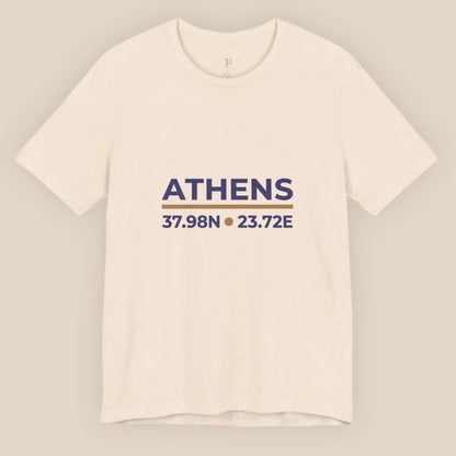 Soft cream t-shirt with 'ATHENS' and coordinates printed on a gray background