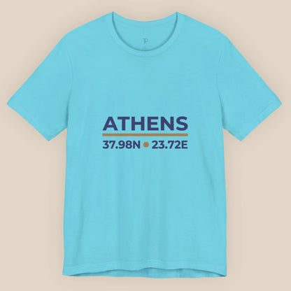 Turquoise t-shirt with 'ATHENS' and coordinates printed on a beige background