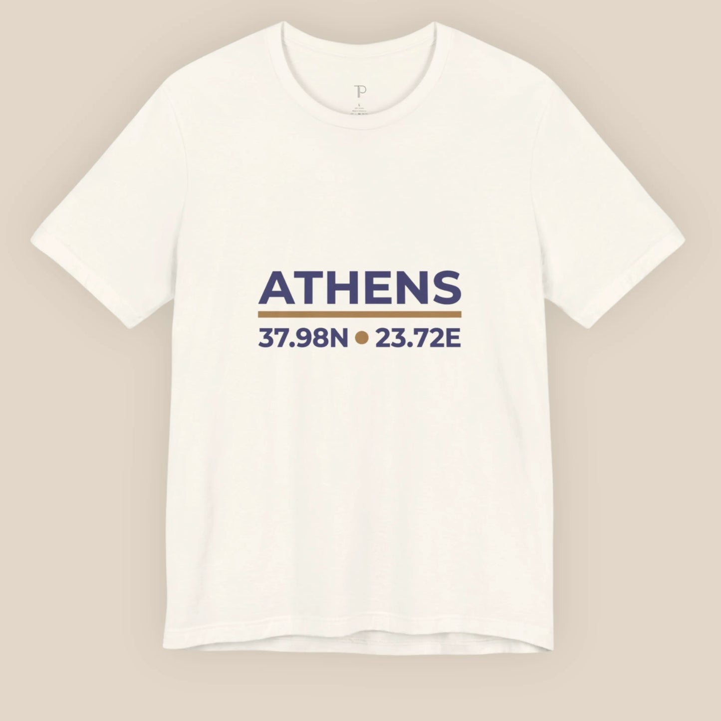 Natural t-shirt with 'ATHENS' and coordinates printed on a beige background