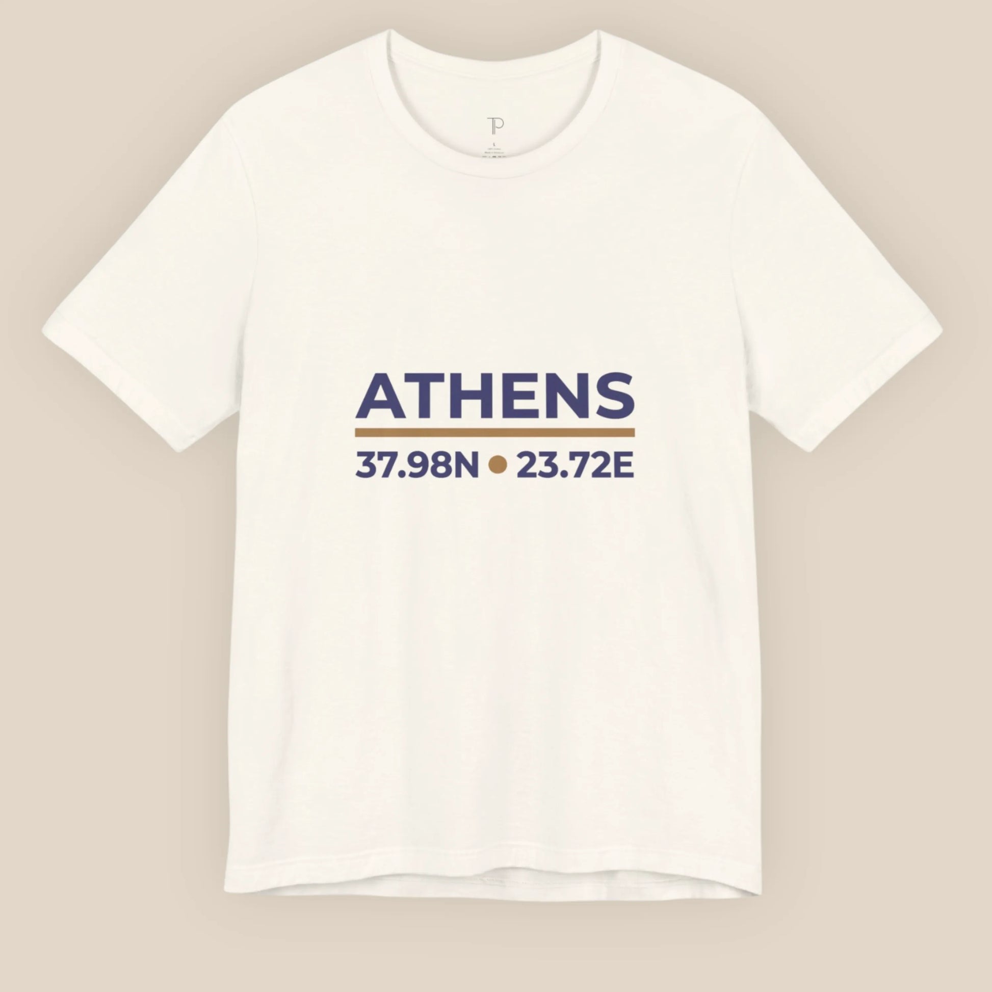 Natural t-shirt with 'ATHENS' and coordinates printed on a beige background