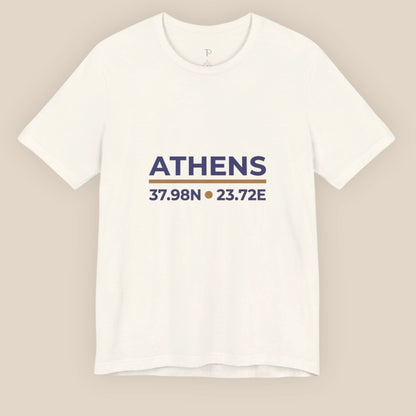 Natural t-shirt with 'ATHENS' and coordinates printed on a beige background