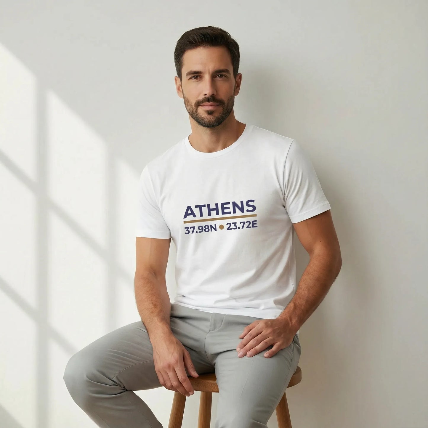 Relaxed studio lifestyle with model wearing white Athens coordinates t-shirt, minimal city typography print