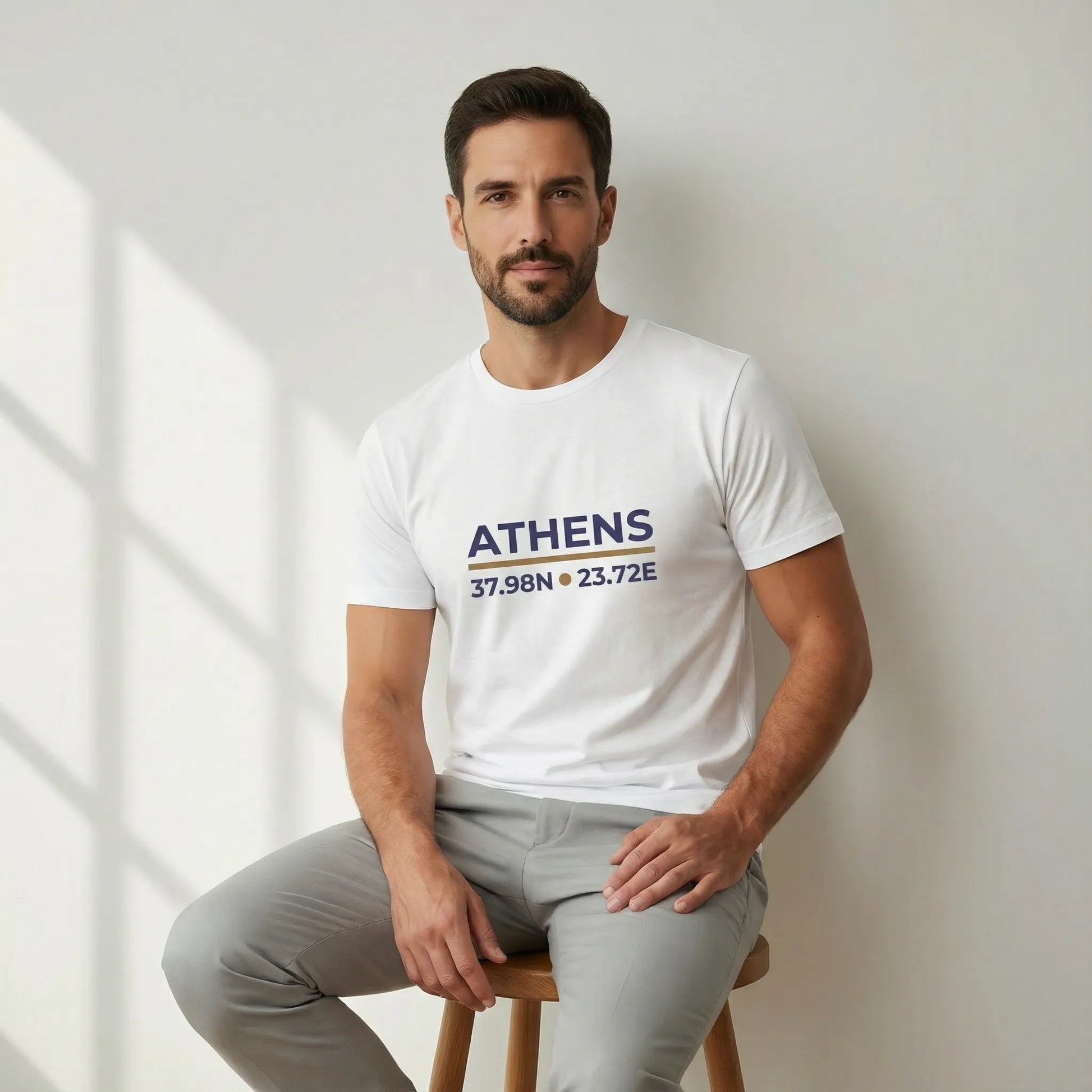 Relaxed studio lifestyle with model wearing white Athens coordinates t-shirt, minimal city typography print