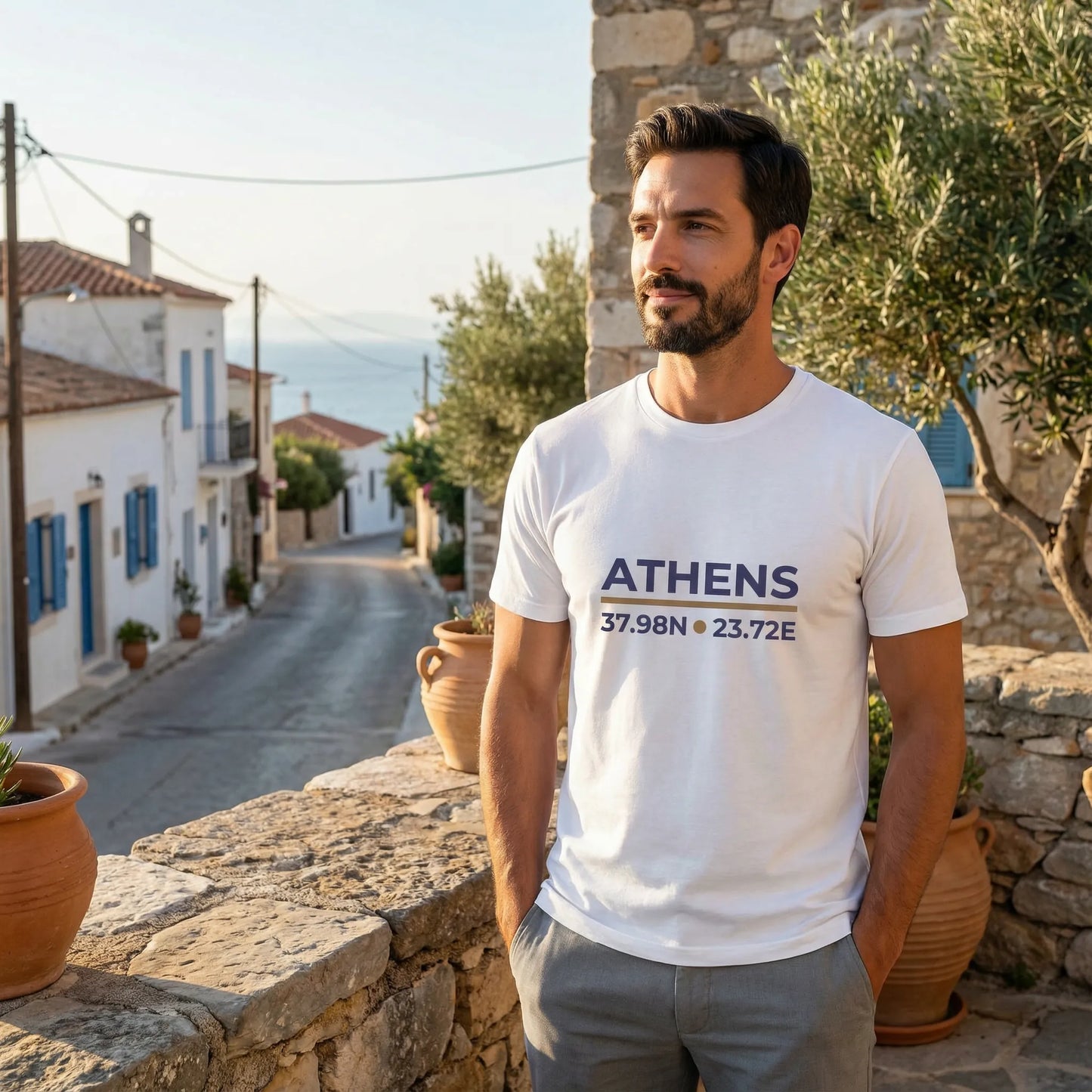 Outdoor Mediterranean lifestyle with model wearing white Athens coordinates t-shirt, travel typography design