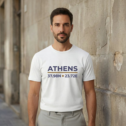 Urban street-style photo of model wearing white Athens coordinates t-shirt, minimalist city print