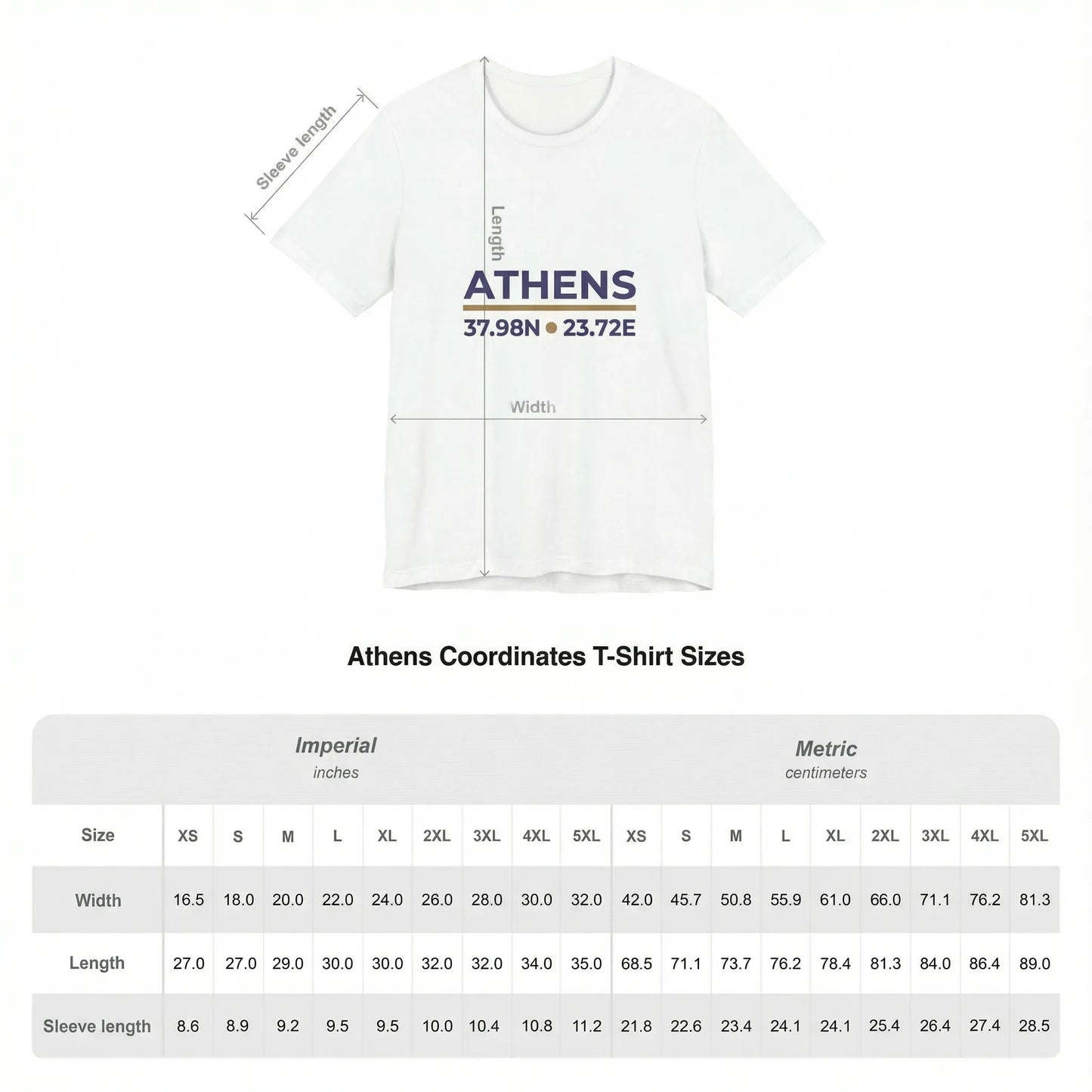 Unisex t-shirt size chart showing measurements for chest width and length by size