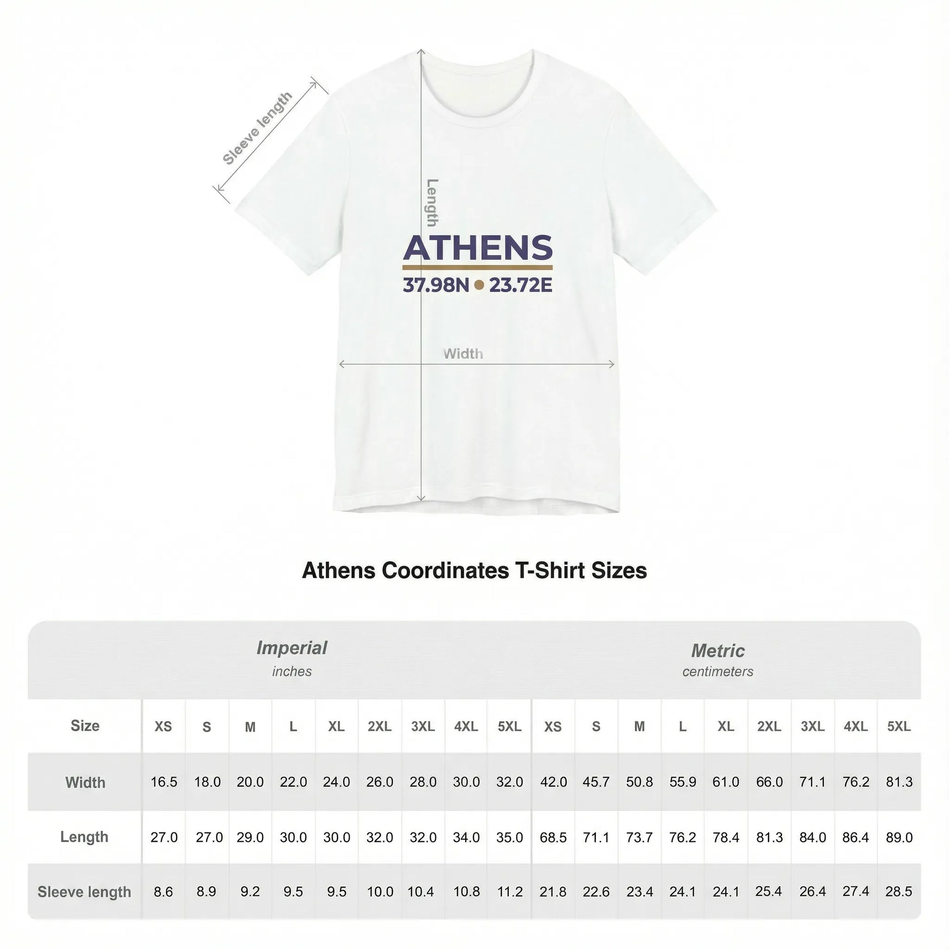 Unisex t-shirt size chart showing measurements for chest width and length by size