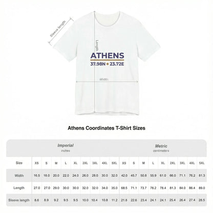 Unisex t-shirt size chart showing measurements for chest width and length by size