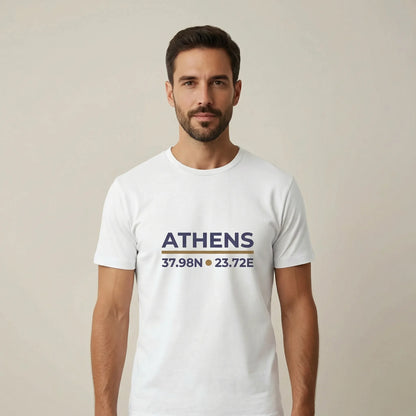 TP:HERO Model wearing white Athens coordinates t-shirt with city name and latitude longitude print, front view studio lifestyle