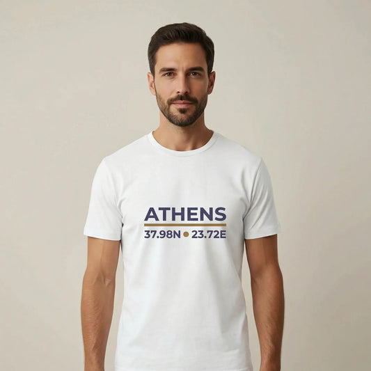 TP:HERO Model wearing white Athens coordinates t-shirt with city name and latitude longitude print, front view studio lifestyle