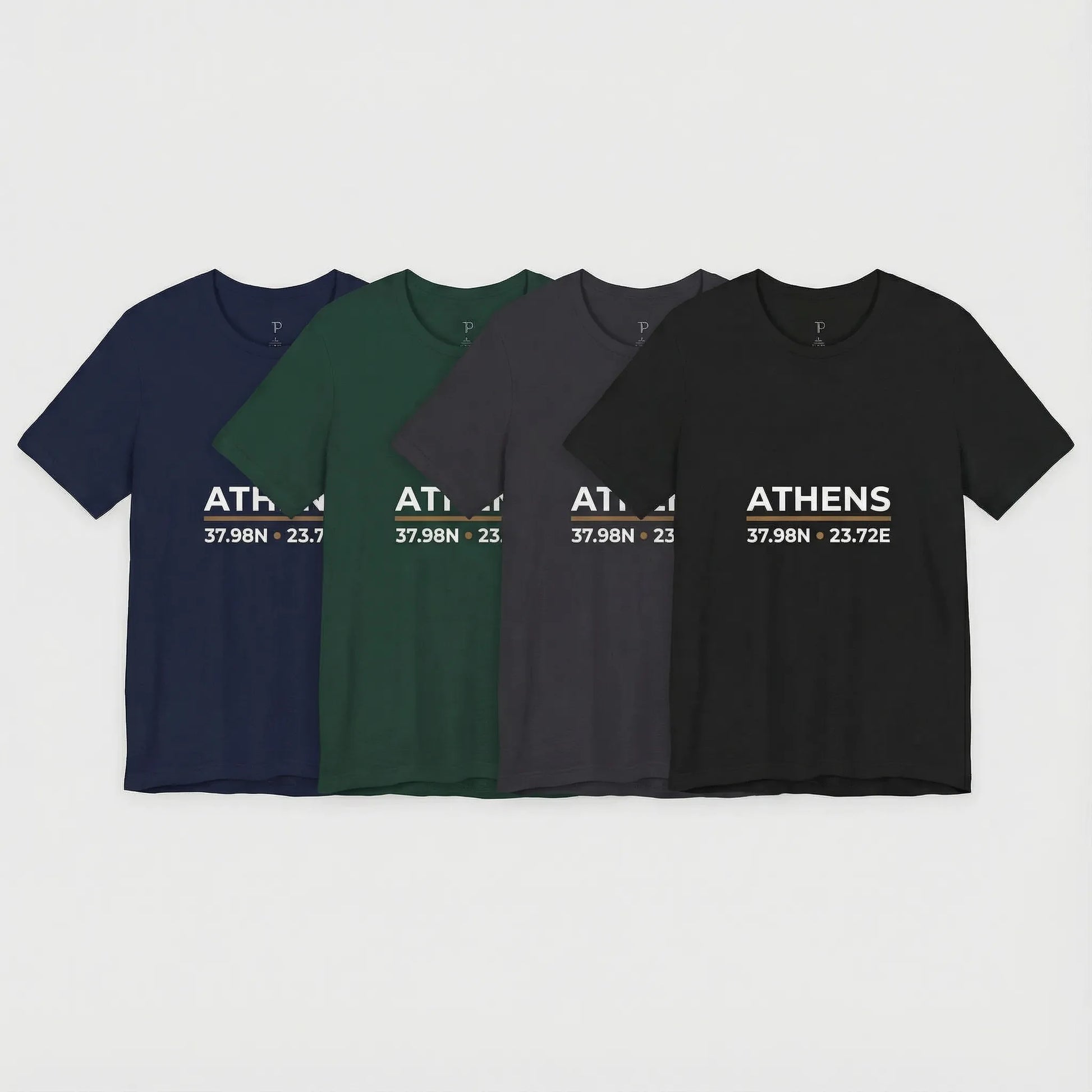 Athens coordinates t-shirt night color lineup showing black, navy, dark heather, and forest green options