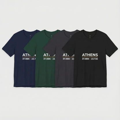 Athens coordinates t-shirt night color lineup showing black, navy, dark heather, and forest green options