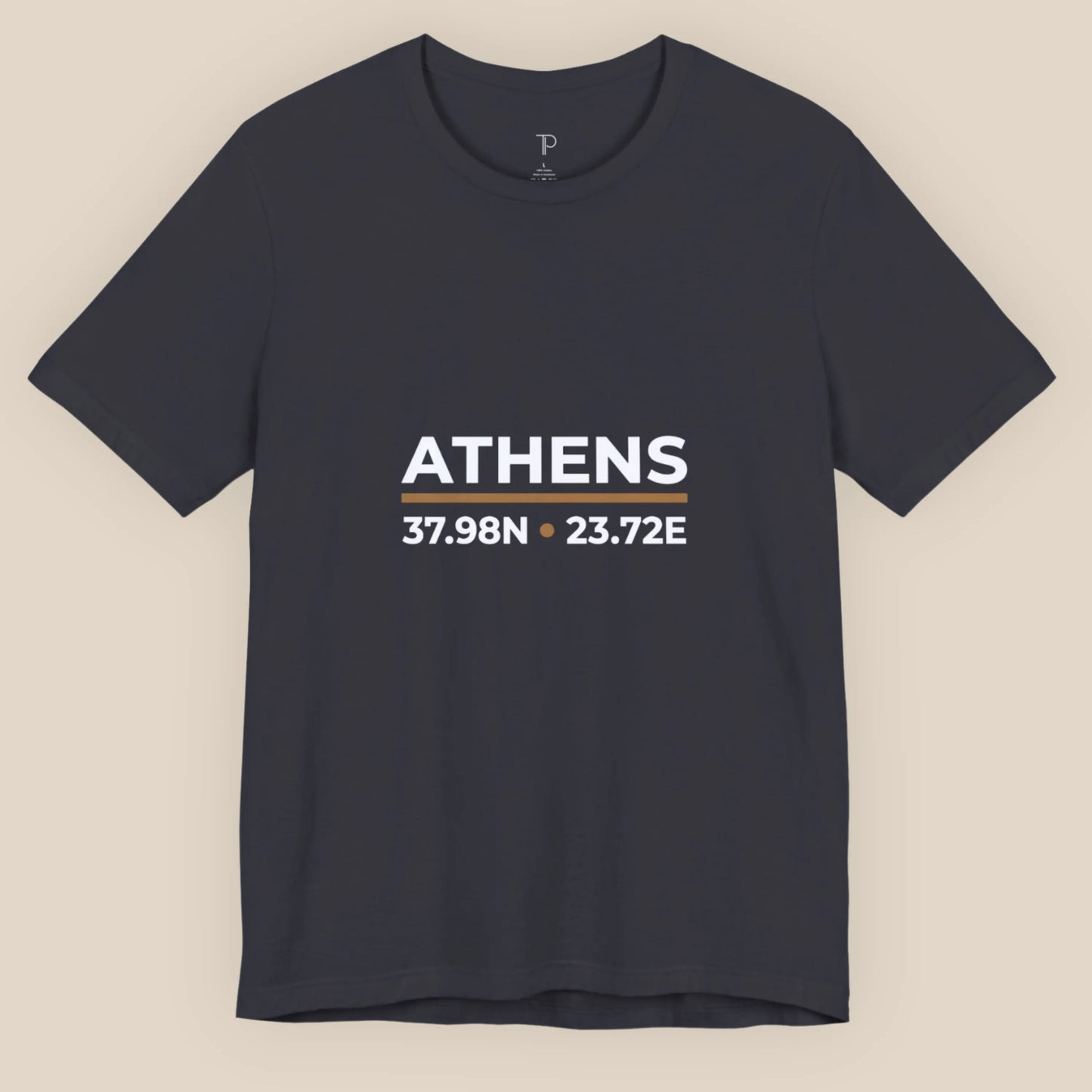 Dark Grey t-shirt with 'ATHENS' and coordinates on a beige background