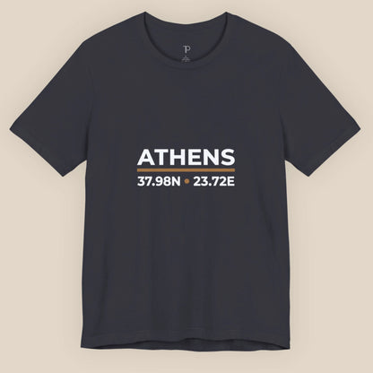 Dark Grey t-shirt with 'ATHENS' and coordinates on a beige background