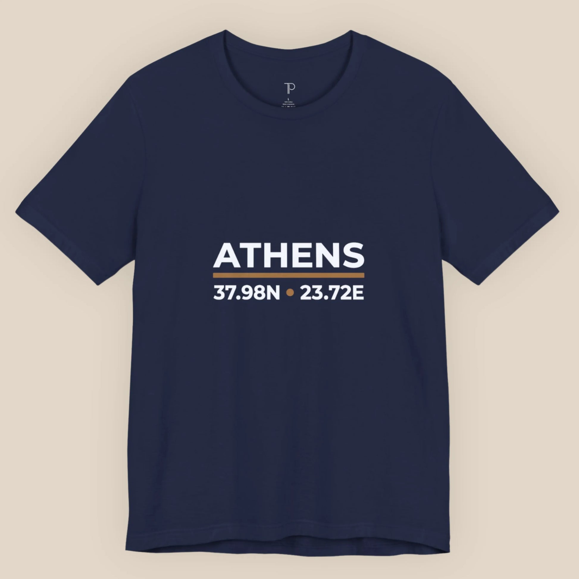 Navy blue t-shirt with 'ATHENS' and coordinates on a beige background