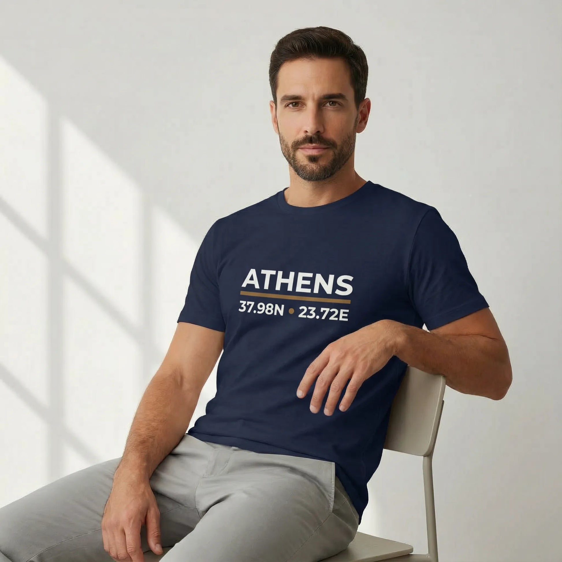Relaxed studio pose with model wearing Navy Athens coordinates t-shirt, minimalist city print