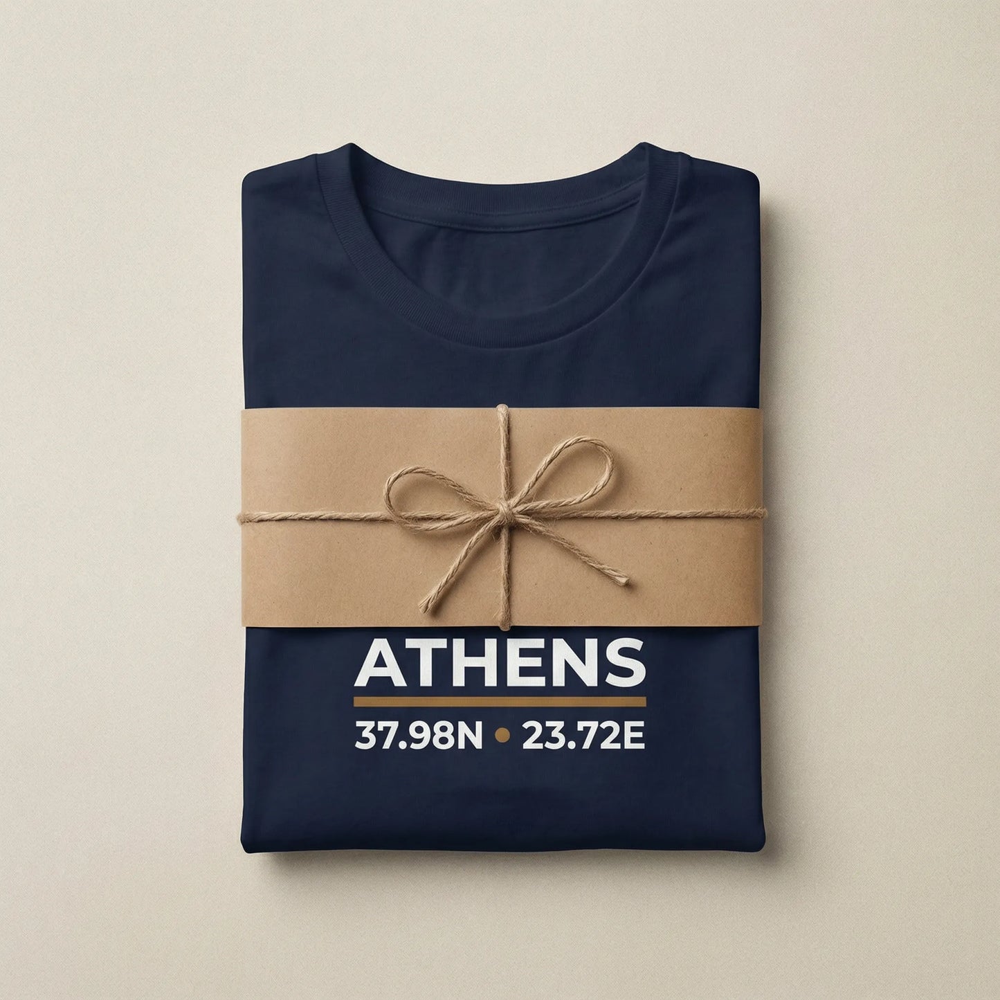 Athens coordinates t-shirt packaging presentation with folded navy tee