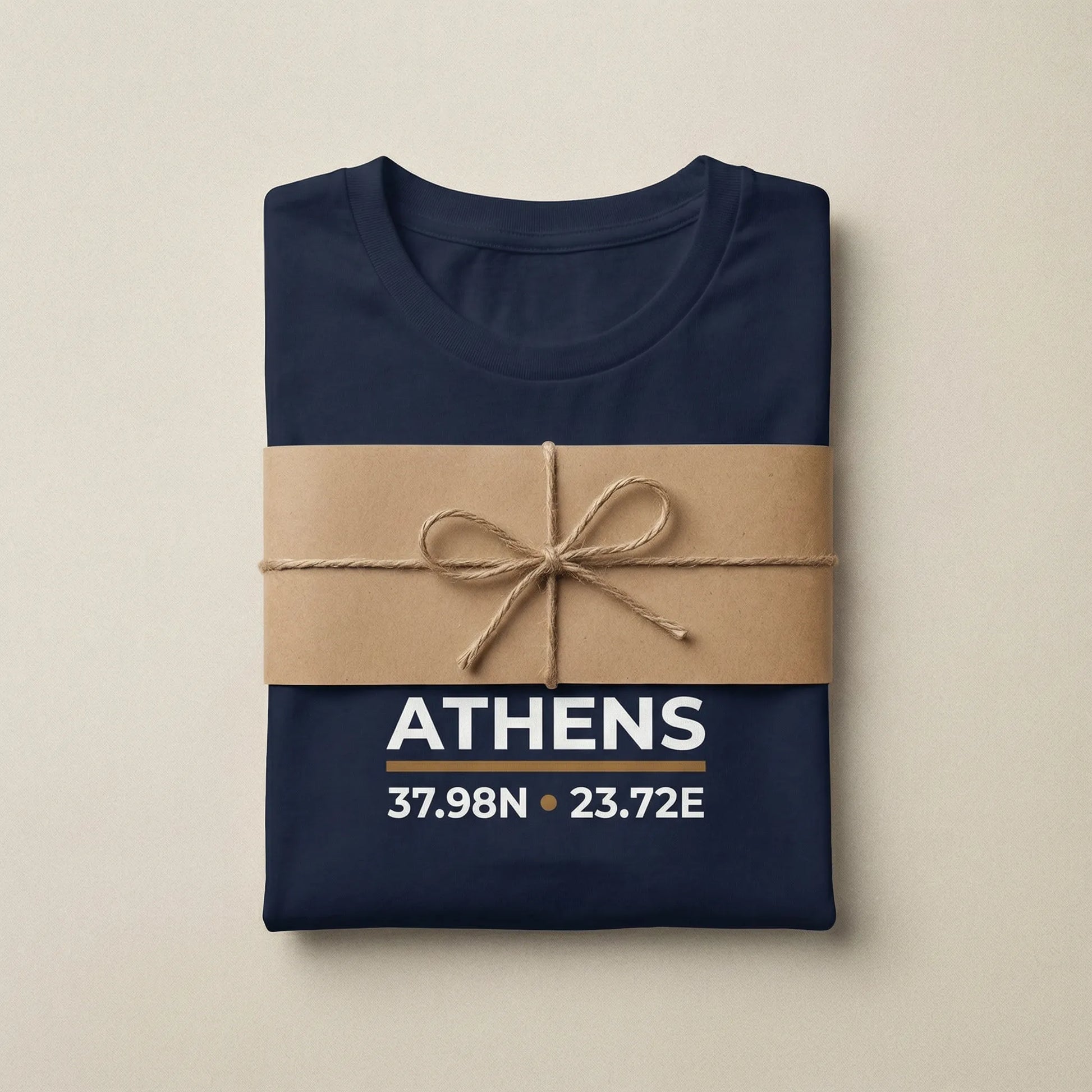 Athens coordinates t-shirt packaging presentation with folded navy tee