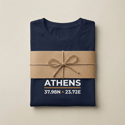 Athens coordinates t-shirt packaging presentation with folded navy tee