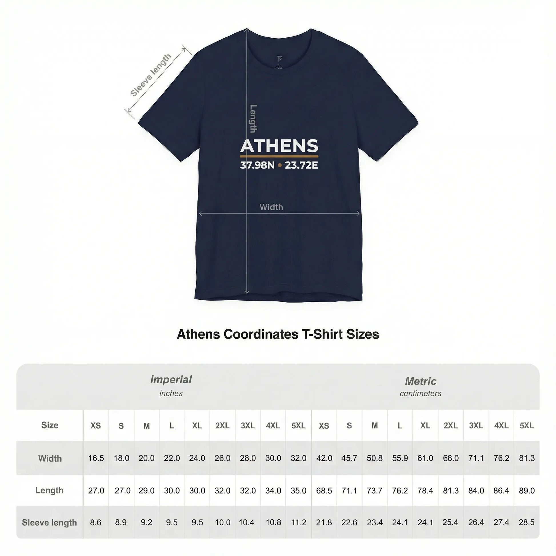 Unisex t-shirt size chart showing measurements for chest width and length by size