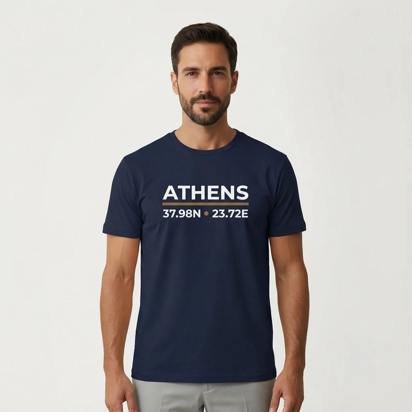 TP:HERO Navy Athens coordinates t-shirt worn by model in studio setting, city print visible