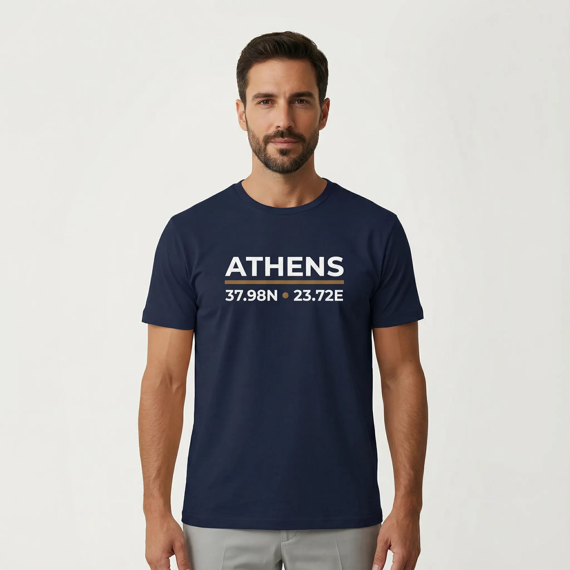 TP:HERO Navy Athens coordinates t-shirt worn by model in studio setting, city print visible
