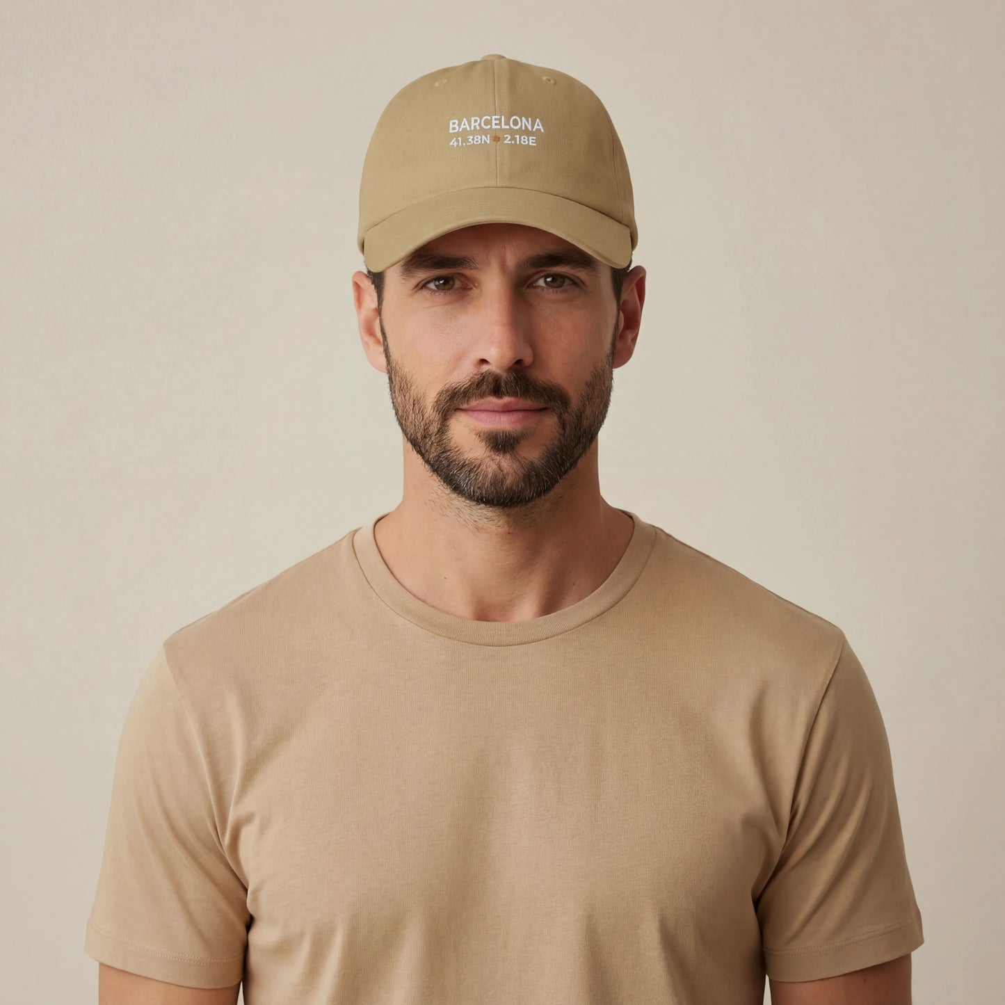 TP:HERO Barcelona coordinates embroidered dad cap worn by male model, front studio view
